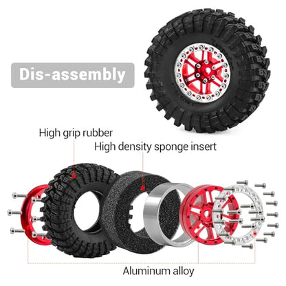 1.3" Wheels and Tires 70mm (2.76in) for SCX24 TRX4M 1/18 1/24 RC Crawler Upgrade Parts (Red, 4Pcs) - color: Red-3