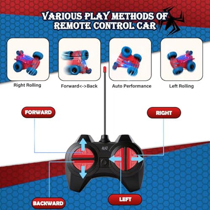 Spider Remote Control Car, 360°Rotation Rc Stunt Car with Cool Flashing Light, Superhero Car Toys for Kid, Indoor & Outdoor 4wd Toy Car, Birthday Gift for Boy Ages 3 4 5 6 7 8 9 10 11 12 - style: Spider
