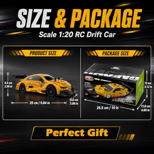 HTURCCOP 1:20 RC Drift Car 2.4GHz 4WD High Speed Drift Remote Control Cars Vehicle with LED Lights and Drifting Tires Batteries x2 Racing Sport Toy Cars for Adults Boys Girls Kids (Yellow) - color: Yellow