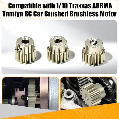 3PCS 0.6M Pinion Gear 13T 14T 15T Set, 7075 Aluminum Alloy 0.6Mod RC Motor Gears with 3.175mm Bore for 540 550 Brushed Brushless Motors, Compatible with 1/10 Tamiya Redcat HSP HPI RC Cars - size: 13 14 15T