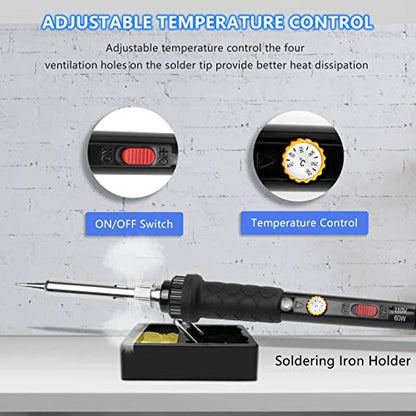 Soldering Iron Kit, 60W 110V Soldering Irons, Adjustable Temperature Soldering Welding Tool Kit with Extra 5pcs Tips, Stand, Sponge, Solder Wire - color: 60w 9-in-1