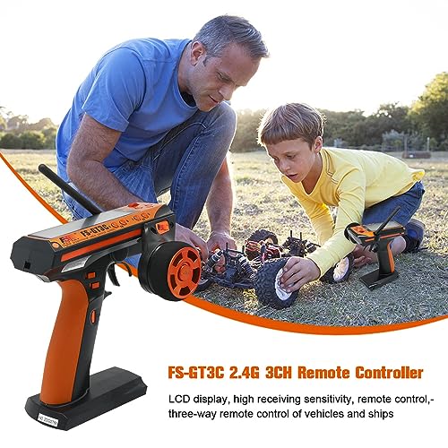 Flysky FS-GT3C RC Transmitter with FS-GR3E Receiver, 2.4GHz 3 Channel LCD Remote Controller and Receiver for RC Car Boat (Orange)