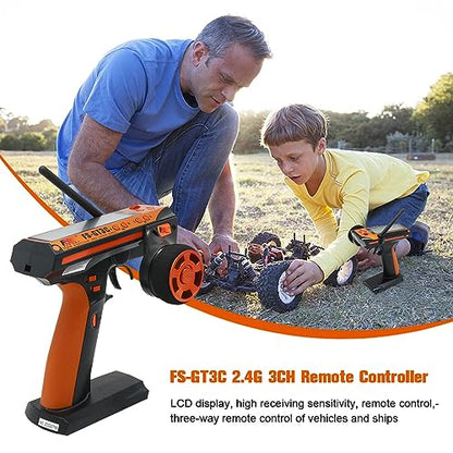 Flysky FS-GT3C RC Transmitter with FS-GR3E Receiver, 2.4GHz 3 Channel LCD Remote Controller and Receiver for RC Car Boat (Orange)