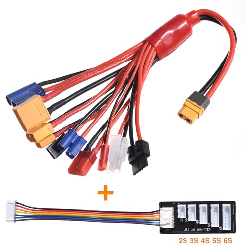 RC Lipo Battery Charger Adapter Connector Splitter Wire with 2-6S Charge Balance Board, 10 in 1 Octopus Convert Cable to XT60H Plug Lead Cable for TRX,T-Plug,Tamiya,Futaba,JST,XT90,XT60,XT30,EC3,EC5