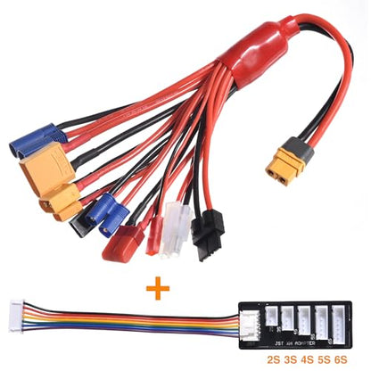 RC Lipo Battery Charger Adapter Connector Splitter Wire with 2-6S Charge Balance Board, 10 in 1 Octopus Convert Cable to XT60H Plug Lead Cable for TRX,T-Plug,Tamiya,Futaba,JST,XT90,XT60,XT30,EC3,EC5