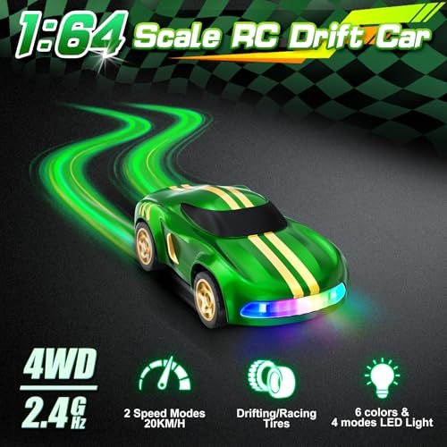 RC Drift Car, 1/64 Mini Drift RC Cars 4WD Micro Remote Control Car with LED Lights and Speed Switch, Cars Toys for Adults Kids Boys Age 6 7 8-12, Green - color: Green