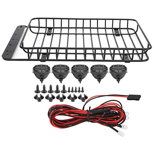 1/10 Scale RC Metal Roof Rack Luggage Carrier with 5 LED Lights, Black | Compatible with Traxxas TRX-4, Axial SCX10 90046 & SCX10 III AXI03007, Overland Crawler Upgrade Parts