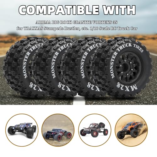 2.8" RC Tires with 12mm/14mm Hex Adapter 1/10 Scale RC Truck Tires RC Wheels and Tires Set for Traxxas Arrma Rustler Stampede 4PCS (Black) - Not Glued - color: Black