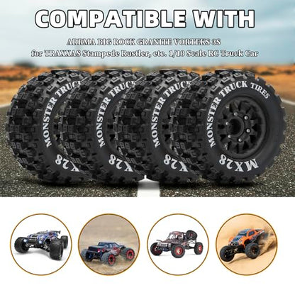 2.8" RC Tires with 12mm/14mm Hex Adapter 1/10 Scale RC Truck Tires RC Wheels and Tires Set for Traxxas Arrma Rustler Stampede 4PCS (Black) - Not Glued - color: Black