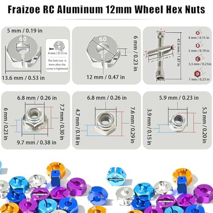 Aluminum 12mm Hex Wheel Hub 4Pcs w/Axle Pin M4 Flange Lock Nut Standard M3 M4 Nut 6mm Thickness Wheel Drive Adapter for 1/10 Traxxas HSP Redcat Rc4wd Tamiya Axial SCX10 WLtoy RC Car(25Pcs) - color: Silver, size: 6.0
