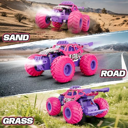 Remote Control Car, All Terrain RC Cars with Speed Switch RC Truck with LED Headlight and Rechargeable Batteries, 20KM/H Monster Truck Toys Gift for Girls Age 6-8 8-12, Pink - color: Pink