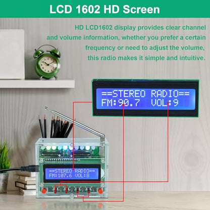 FM Radio Kit, ICSTATION Soldering Projects Radio with LED Flashing Lights DIY Radio Kit LCD1602 Display FM 87-108MHz Soldering Practice Kit for Back to School Solder Education Creative Present