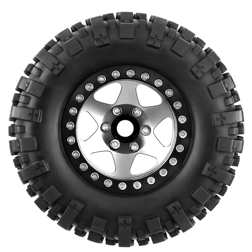 REDSPIDER 4PCS 1.9" RC Crawler Tires Mud Slingers (OD 95mm/3.75") & Beadlock Wheels, Deep Dish -10.4mm Negative Offset Rim for 1/12 MJX H12Y, MN128, MN82S, LC79 (Silvery) - color: Silvery
