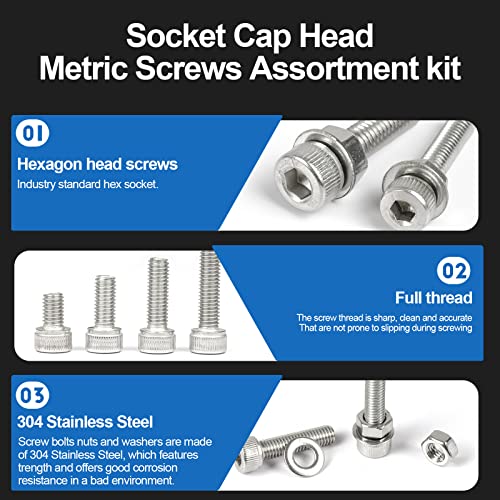 NINDEJIN Black & Silver Hex Socket Head Screws Bolts Nuts and Flat Washer Assortment Kit(Hex Socket Flat/Button/Cap Head) (580Pcs Hex Button Head Socket Screws Nuts) | 304 Stainless Steel Machine Screws Kit, for Home, Office equipment, Communication Equip