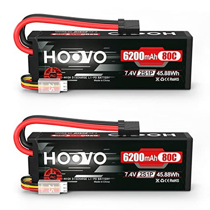 HOOVO 7.4V 80C 6200mAh 2S Lipo Battery Hard Case with TR Plug 2 Pack | for RC Car Truck Truggy Buggy Tank RC Airplane Helicopter Boat Car Racing