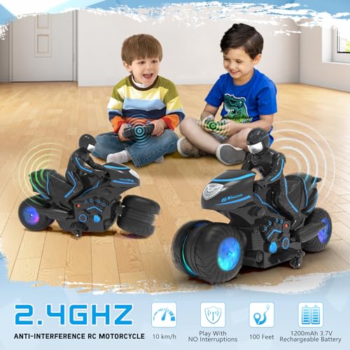 RC Motorcycle, Remote Control Motorcycle with RGB Wheels Lights - 360-degree Rotations, Drifts, High-Speed, RC Car Dirt Bike Toy for Boys 4-7 8-12 Years Kids - color: Blue