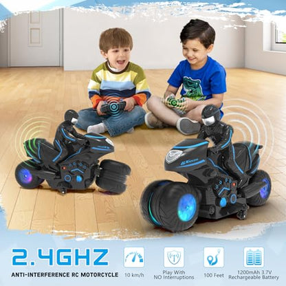 RC Motorcycle, Remote Control Motorcycle with RGB Wheels Lights - 360-degree Rotations, Drifts, High-Speed, RC Car Dirt Bike Toy for Boys 4-7 8-12 Years Kids - color: Blue