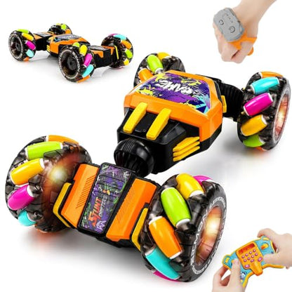 Gesture Sensing RC Stunt Car for Kids 6-12, 4WD Hand Controlled with Rainbow Wheels, Light & Music, Program & Play