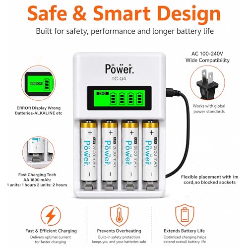 DMK POWER AA Rechargeable Batteries with Charger, 4-Pack 2800mAh NiMH Set | 4-Slot LCD Smart Charger for Remotes, Toys, Flashlights & Clocks Global Voltage Compatible