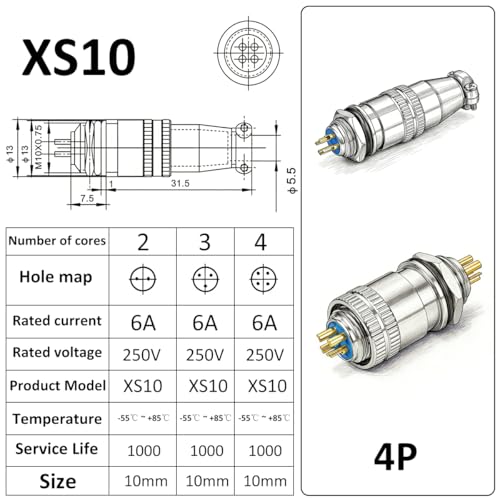 CLYXGS [4 Pack] XS10 Aviation Connector Plug & Socket, 4 Pin, Quick Push-Pull Ball Detent Locking, 10mm Panel Cutout, 6A 250V Industrial Metal Wire Connector Adapter (XS10-4P) - style: XS10-4