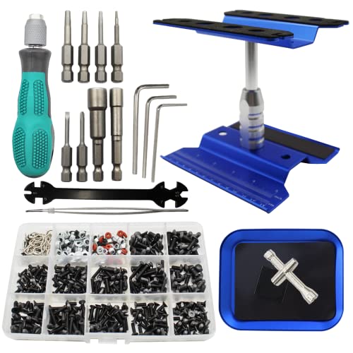 RC Car Repair Work Stand Repair Tool Set 360 Degree Rotation and 523 PCS RC Screws Kit & RC Screwdrivers and Screws Pallet Kit for 1/8 1/10 1/12 1/16 1/18 RC Car Truck Buggy Vehicle Scale Accessories