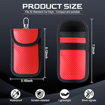 JUSTTOP 2-Pack Faraday Pouch for Car Keys, Faraday Key Fob Protector, 3.15"X5.12" Double-Layer Carbon Fiber Material Anti-Theft Faraday Bag | Car RFID Signal Blocking Holder (Red) - size: Small-Red