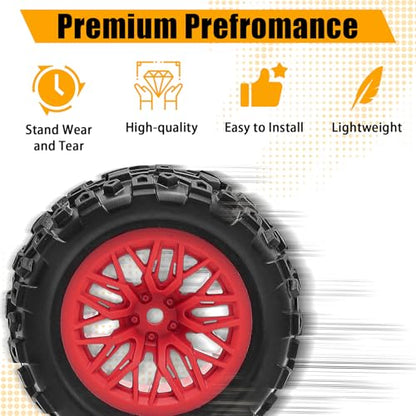 Pre-Glued 1/16 & 1/18 RC Monster Truck Rubber Tire & Nylon Wheel - 12mm Hex | Rubber Tires with Foam Fits for ARRMA 1/18 Granite/Typhon Grom, WLtoys A949, MJX Hyper Go H16 (4PCS, Red) - color: Red