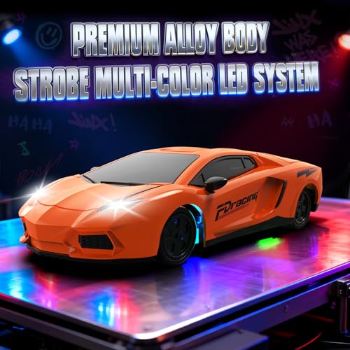 RC Drift Car, 1/43 Mini RC Drift Car with Gyro, 2.4GHz Full Proportional Control, 20KM/H 4WD High Speed Remote Control Alloy, LED Lights & Drift Tires, Toys Gift for Adults, Boys and Girls - color: Orange