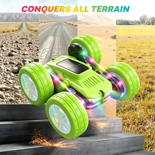 HOMETALL Remote Control Car - 360° Flips RC Stunt Car（Green） | LED Lights Strips, Type-C Charge Modular Battery, 2.4 GHZ Double Sided