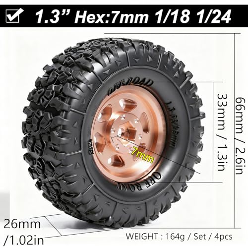 1.3” Aluminum Beadlock Wheels & Mud Terrain Tires Set for 1/18 1/24, -6.0mm Offset RC Crawler Car Fits TRX4M, Axial SCX24 AX24, Redcat Ascent-18, FCX24, 66 x 26mm, Pre-Assembled 4 pcs Copper - color: Copper