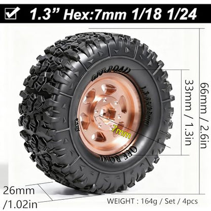 1.3” Aluminum Beadlock Wheels & Mud Terrain Tires Set for 1/18 1/24, -6.0mm Offset RC Crawler Car Fits TRX4M, Axial SCX24 AX24, Redcat Ascent-18, FCX24, 66 x 26mm, Pre-Assembled 4 pcs Copper - color: Copper