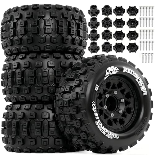 1/10 Scale RC Truck Tires 2.8inch Tire and Wheels with 12mm/14mm Hexes fit Stampede Arrma Big Rock Granite VORTEKS 3S Traxxas Slash, Stampede Rustler, Hoss (Black) - color: Black