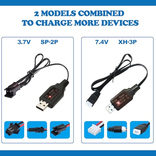 2-in-1 USB Battery Charger Cable Set - Includes 3.7V SM-2P and 7.4V XH-3P Connectors for RC Cars, Stunts, Trucks, Vehicles, Drones, and Gel Blaster Toys with LED Indicators