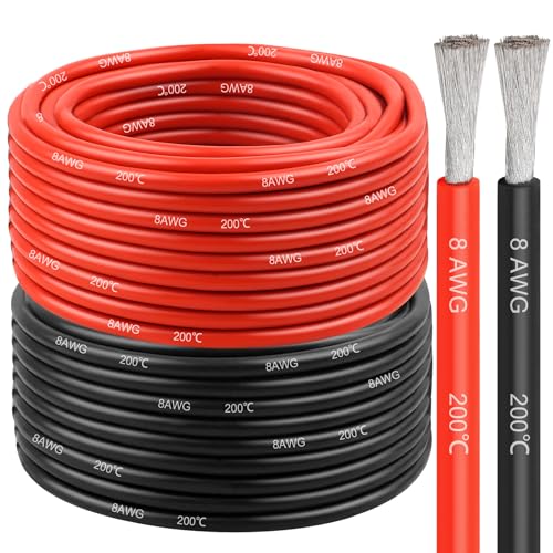 8 Gauge Silicone Wire (2 PCS) 20 FT Red + 20 FT Black Tinned Copper Core, Flexible 8 AWG High Temp Wire for Battery, Automotive, Solar, RC Car, Drones etc. - size: 8 AWG 20FT