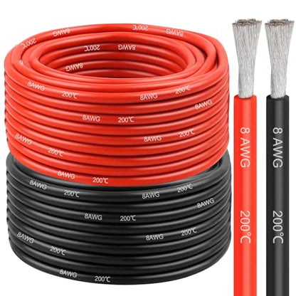 8 Gauge Silicone Wire (2 PCS) 20 FT Red + 20 FT Black Tinned Copper Core, Flexible 8 AWG High Temp Wire for Battery, Automotive, Solar, RC Car, Drones etc. - size: 8 AWG 20FT