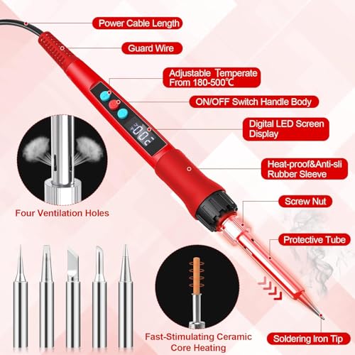Soldering Iron Kit, 100W LED Digital Solder Gun kits with Ceramic Heater, Adjustable Temperature Welding Tools with Tips, Wick Braid, Stand, Solders Wire, Sponge, Flux Paste, Red - color: Red