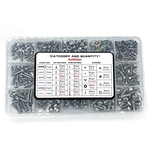 662-piece Universal Remote Control Screw kit 304 Stainless Steel Screw Combination kit, Suitable for Traxxas axial Redcat HPI Arrma SCX10 Losi 1/8 1/10 1/12 1/16 Scale Remote Control Truck Track