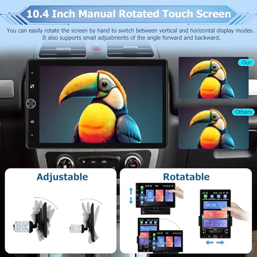 NHOPEEW Rotatable Single Din Car Stereo with Wireless Carplay and Android Auto - 10.4 Inch Vertical Touch Screen Car Radio - Bluetooth/Mirror Link/SWC/FM + 12leds Backup Camera & Microphone