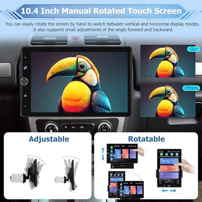 NHOPEEW Rotatable Single Din Car Stereo with Wireless Carplay and Android Auto - 10.4 Inch Vertical Touch Screen Car Radio - Bluetooth/Mirror Link/SWC/FM + 12leds Backup Camera & Microphone