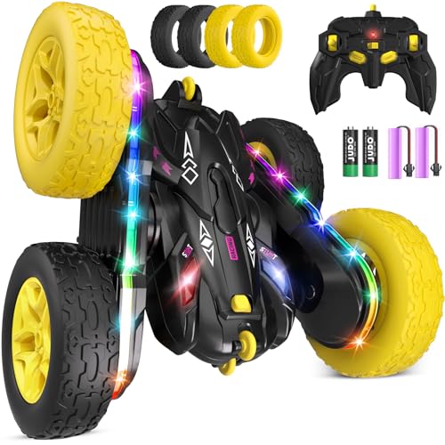 Jimdella Remote Control Car,RC Cars with Sides Light Strip and Headlights,Double Sided 360 Flips Rotating RC Stunt Car,2.4Ghz All Terrain Toys for Ages 4-8 Kids Toy for Boys Birthday Gift(Black)