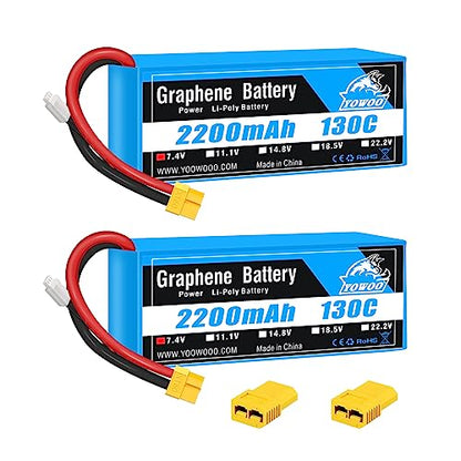 Yowoo 2 Pack 2200mAh 2S 7.4V 130C LiPo Battery XT60 | Fits 1/16 E-Revo VXL, Summit, Slash, Losi 1/14 Mini 8ight and other RC cars