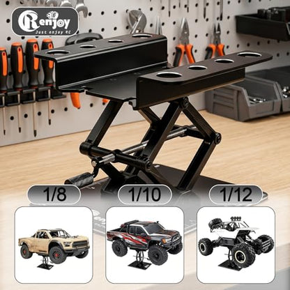 RC Stand Lift Lower with 3-Slot Screw Tray for 1/8 1/10 1/12 Scale, Black | Aluminum RC Car Work Stand Repair Tool Set for RC Cars Crawler Truck Traxxas TRX4 Axial SCX10 Upgrade - color: All Black, With 3-slot Screw Tray