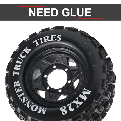 LRFHL MX28 F/R 2.8" RC Monster Truck Tires and Wheels 4PCS, Black | 12mm/14mm Hex Adapter, 1/10 RC Monster Truck, Compatible with Traxxas Stampede Rustler Redcat Arrma Vorteks Big Rock Granite - color: Black Tires+ Black Hex Wheel-9