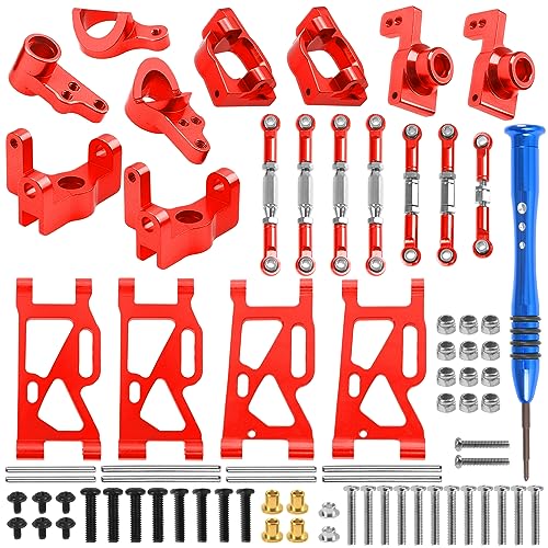 ShareGoo Aluminum Front Rear Swing Arm & Steering Knuckle Kit & Tie Rod Steering Servo Link Compatible with WLtoys 144010 144001 144002 1/14 RC Car (Red) - color: Red