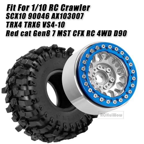 RC 1.9 Beadlock Wheels 1.9 Beadlock Tires for 1/10 SCX10 90046 AX103007 TRX4 TRX6 D90 VS4-10 MST CFX Gen8 7 RC Crawler,Alloy Aluminium rc Wheel Rim w/Rings & Rubber Tires,Silver w/Navy Blue - color: Silver(4pcs)