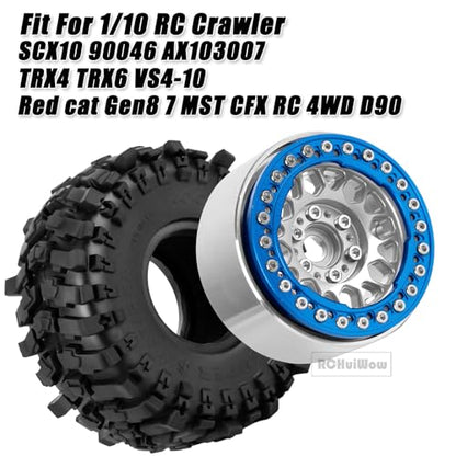 RC 1.9 Beadlock Wheels 1.9 Beadlock Tires for 1/10 SCX10 90046 AX103007 TRX4 TRX6 D90 VS4-10 MST CFX Gen8 7 RC Crawler,Alloy Aluminium rc Wheel Rim w/Rings & Rubber Tires,Silver w/Navy Blue - color: Silver(4pcs)