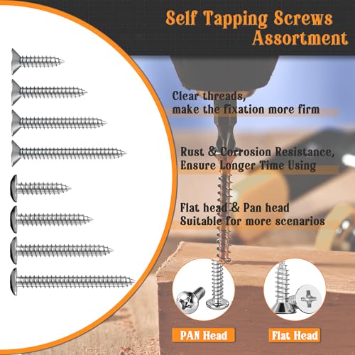 Dianrui 288 PCS Wood Screws Assortment Kit, Assorted Sheet Metal Screws #4/#6/#8/#10, ‌Phillips Drive Pan & Flat Head Screw Set Marine Grade Length 3/8" to 2" - size: 288PCS-SV