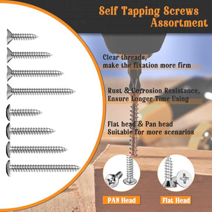 Dianrui 288 PCS Wood Screws Assortment Kit, Assorted Sheet Metal Screws #4/#6/#8/#10, ‌Phillips Drive Pan & Flat Head Screw Set Marine Grade Length 3/8" to 2" - size: 288PCS-SV