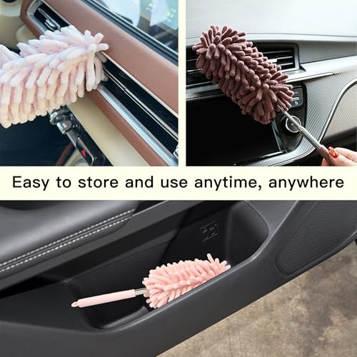 2PCS Car Interior Duster with Extension Pole, Microfiber Retractable Dusters Auto Dash Cleaning Tool, Soft Chenille Hand Washable Dusters for Vehicle Window Office Furniture (Pink) - color: Pink