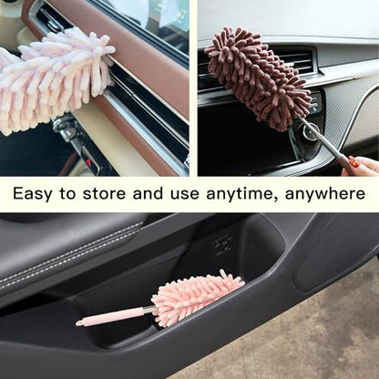 2PCS Car Interior Duster with Extension Pole, Microfiber Retractable Dusters Auto Dash Cleaning Tool, Soft Chenille Hand Washable Dusters for Vehicle Window Office Furniture (Pink) - color: Pink